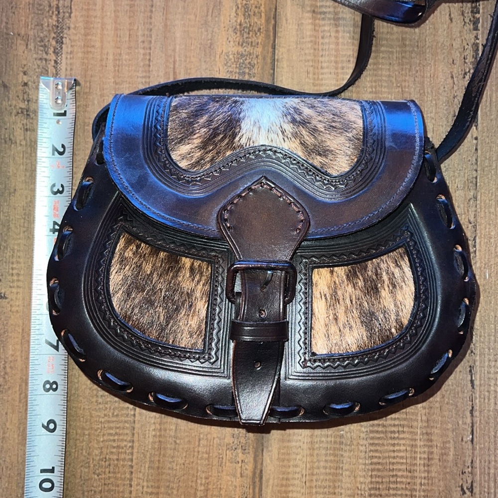 100% leather & cowhide brown leather purse crossbody handmade from Peru new - Picture 3 of 7